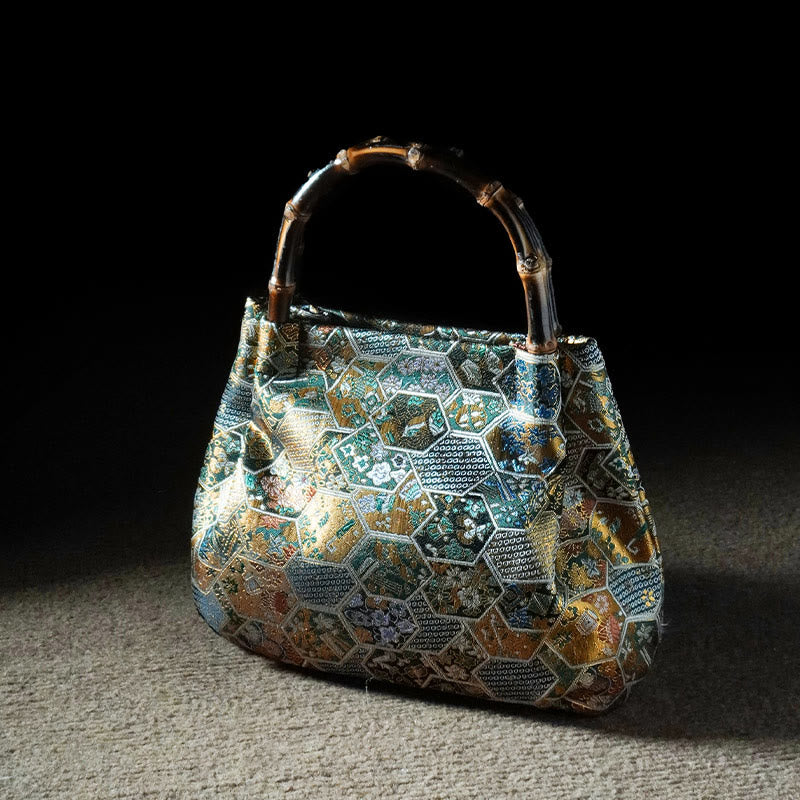 Buddhist Blessing Jacquard Flowers Butterfly Bamboo Handle Metal Chain Crossbody Bag Hangbags