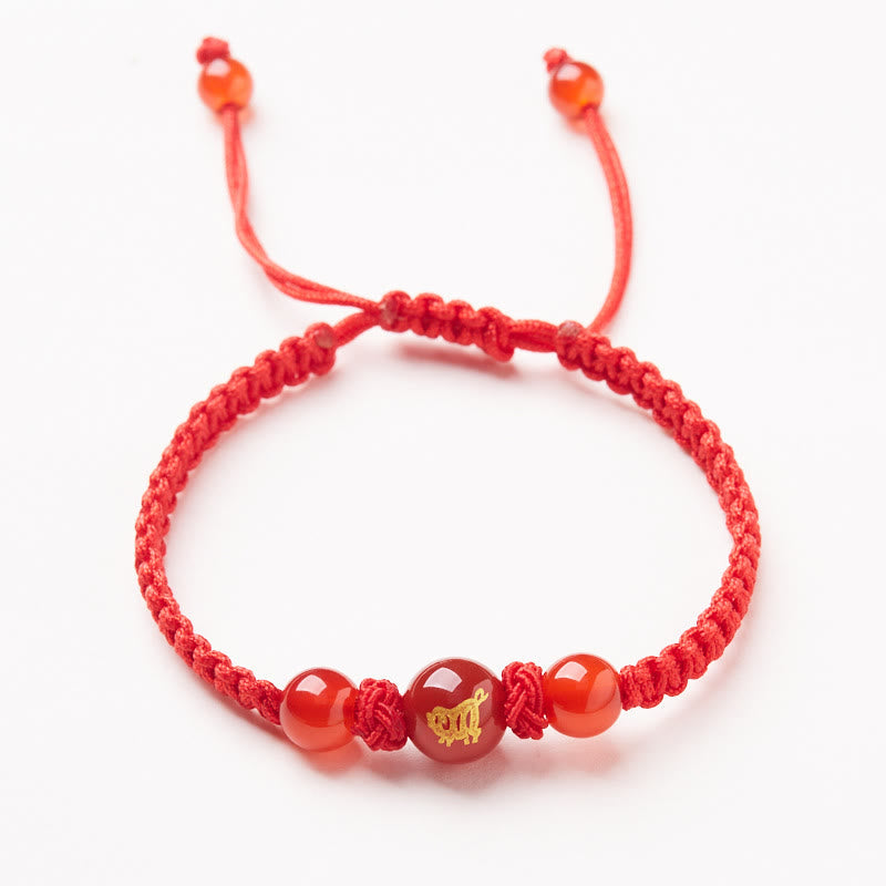 Buddhist Blessing Natural Red Agate Chinese Zodiac Red String Braided Protection Luck Bracelet
