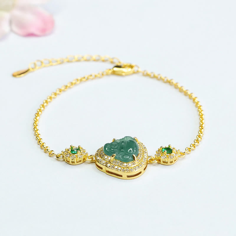 Buddhist Blessing Laughing Buddha Green Jade Zircon Luck Chain Bracelet