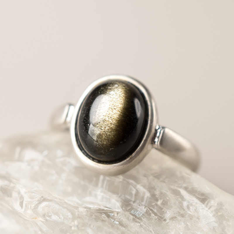 Buddhist Blessing Natural 925 Sterling Silver Gold Sheen Obsidian Adjustable Wealth Ring