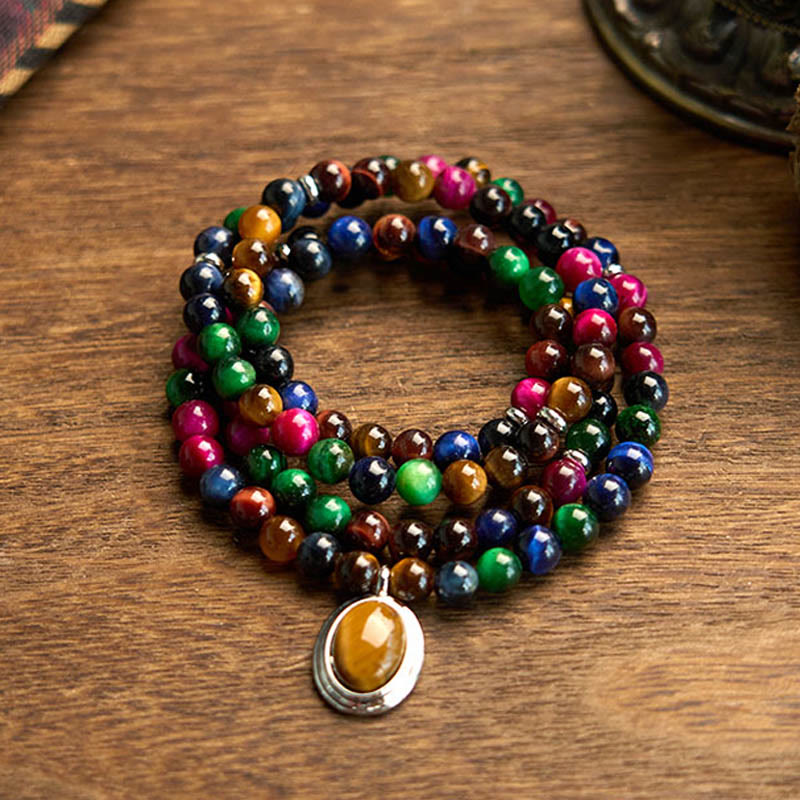 Buddhist Blessing 108 Mala Beads Natural Colorful Tiger Eye Stone Multi-turn Protection Bracelet