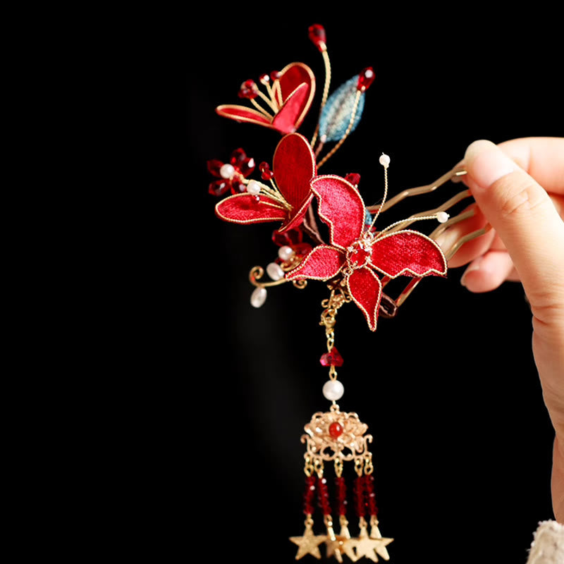 Buddhist Blessing Classical Chinese Style Red Flower Butterfly Tassel Hair Comb Hairpin