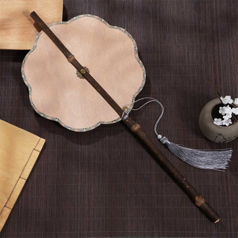 Buddhist Blessing Handmade Cherry Bamboo Leaf Grape Pattern Long Purple Bamboo Handle Portable Curlable Fan