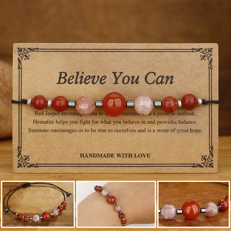 Buddhist Blessing Believe You Can Carnelian Red Jasper Hematite Sun Stone Positive Bracelet