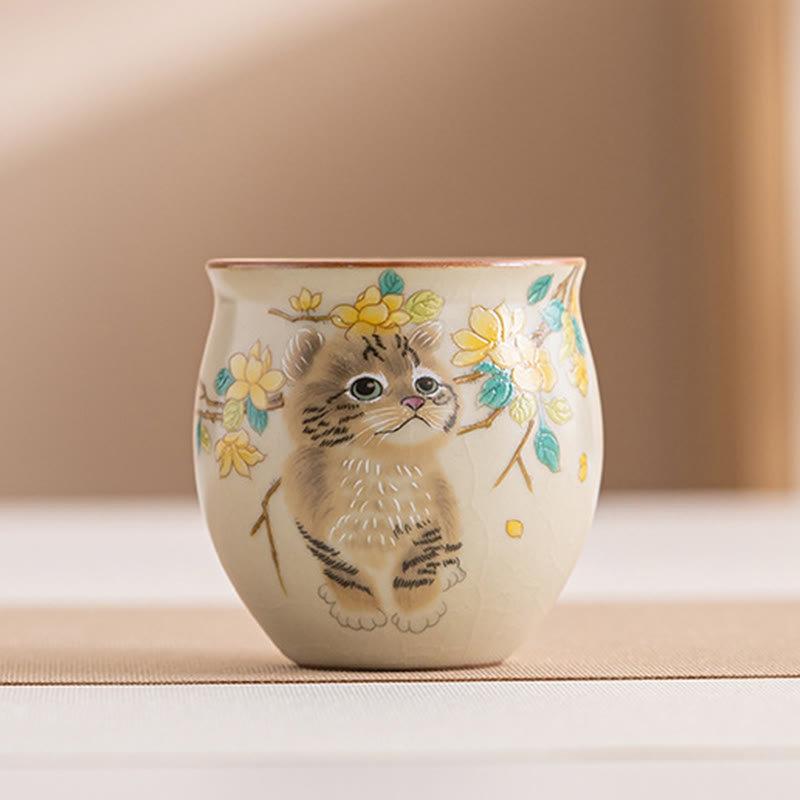 Buddhist Blessing Cute Cat Yellow Flowers Rabbit Teacup Kung Fu Tea Cup