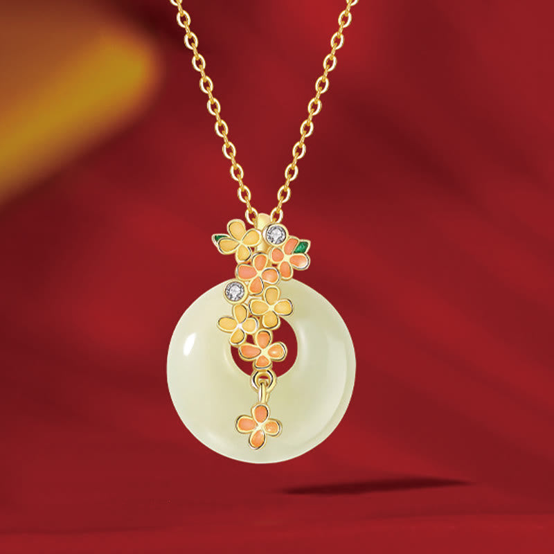 Buddhist Blessing 925 Sterling Silver Natural Hetian Jade Osmanthus Flowers Peace Buckle Zircon Luck Bracelet Necklace Pendant