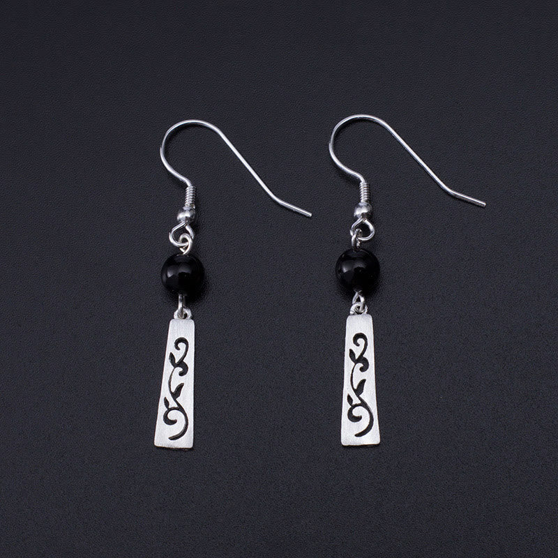 Buddhist Blessing 925 Sterling Silver Black Onyx Hollow Vine Protection Drop Earrings