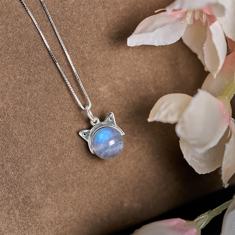 Buddhist Blessing 925 Sterling Silver Moonstone Cat Healing Necklace Pendant