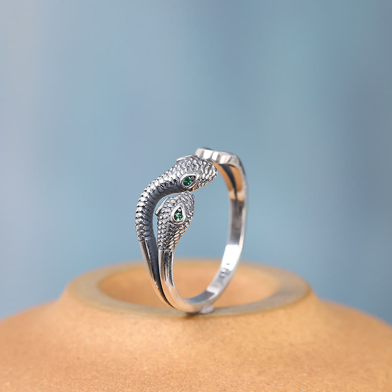 Buddhist Blessing 925 Sterling Silver Year Of The Snake Two-headed Snake Adjustable Open Ring