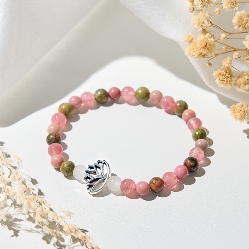 Buddhist Blessing Rhodonite Unakite Beads Lotus Healing Bracelet