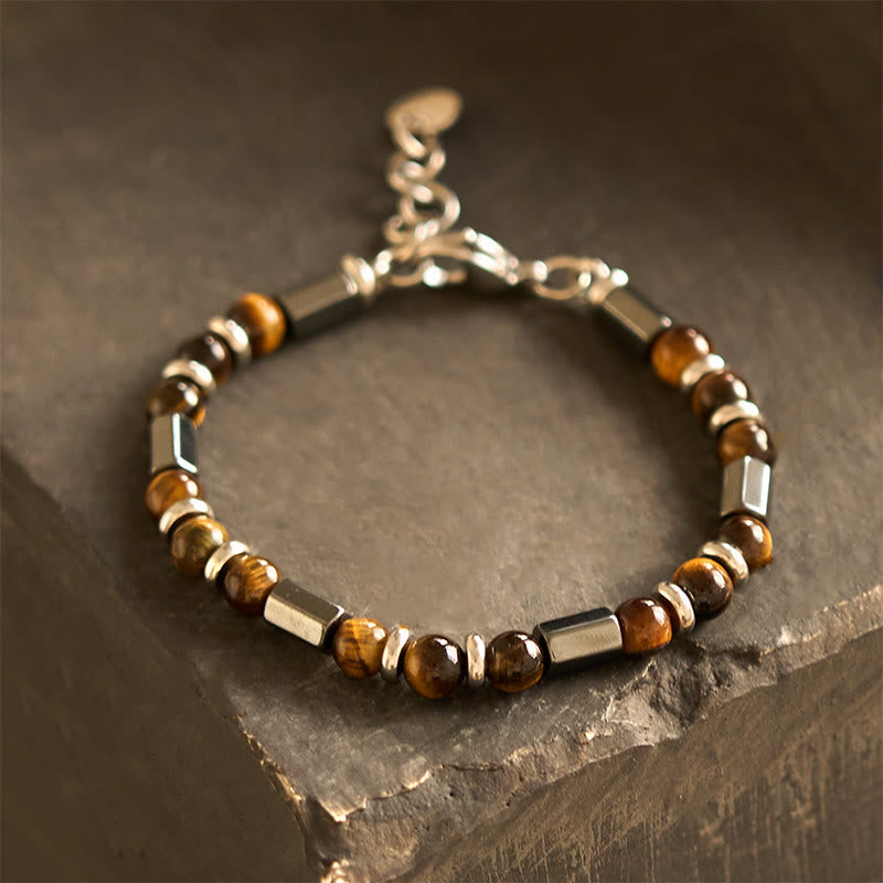 Buddhist Blessing Tiger Eye Hematite Strength Buckle Chain Bracelet