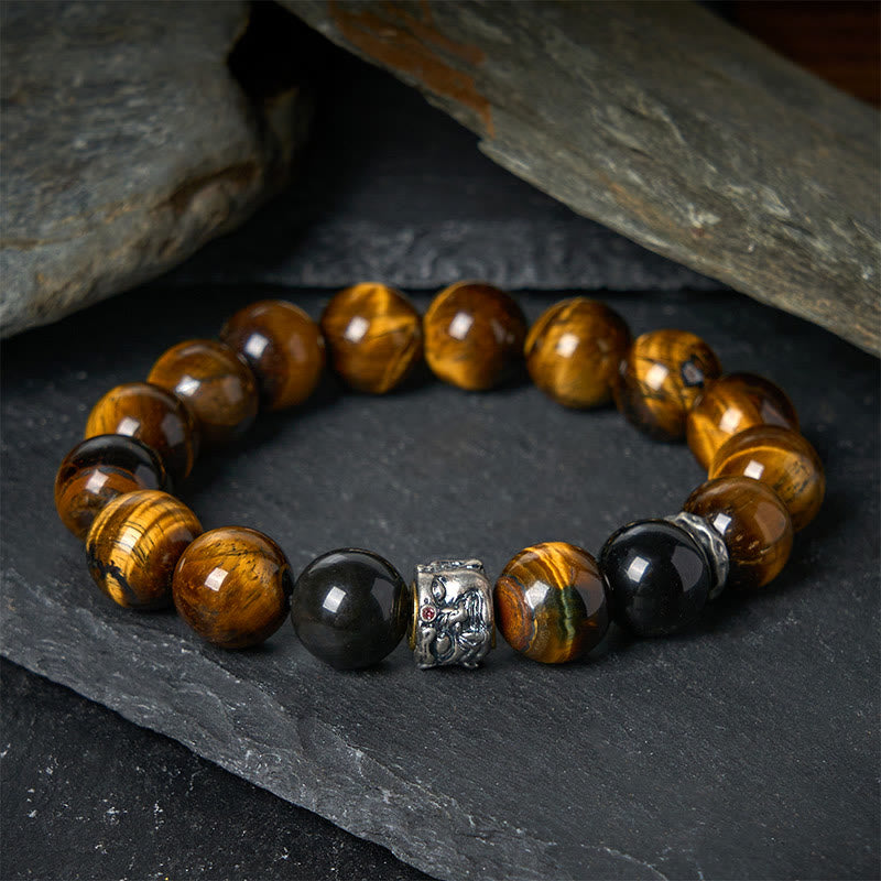 Buddhist Blessing Tiger Eye Silver Sheen Obsidian Meditation Buddha Head Protection Bracelet