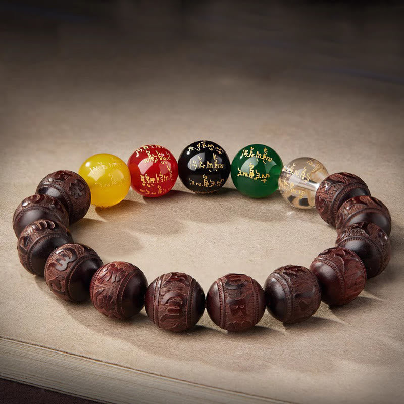 Buddhist Blessing Small Leaf Red Sandalwood Five Directions Gods of Wealth Calm Bracelet