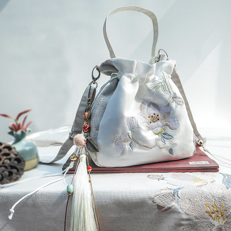 Buddhist Blessing Embroidered Magnolia Plum Blossom Cotton Linen Tote Crossbody Bag Shoulder Bag Handbag