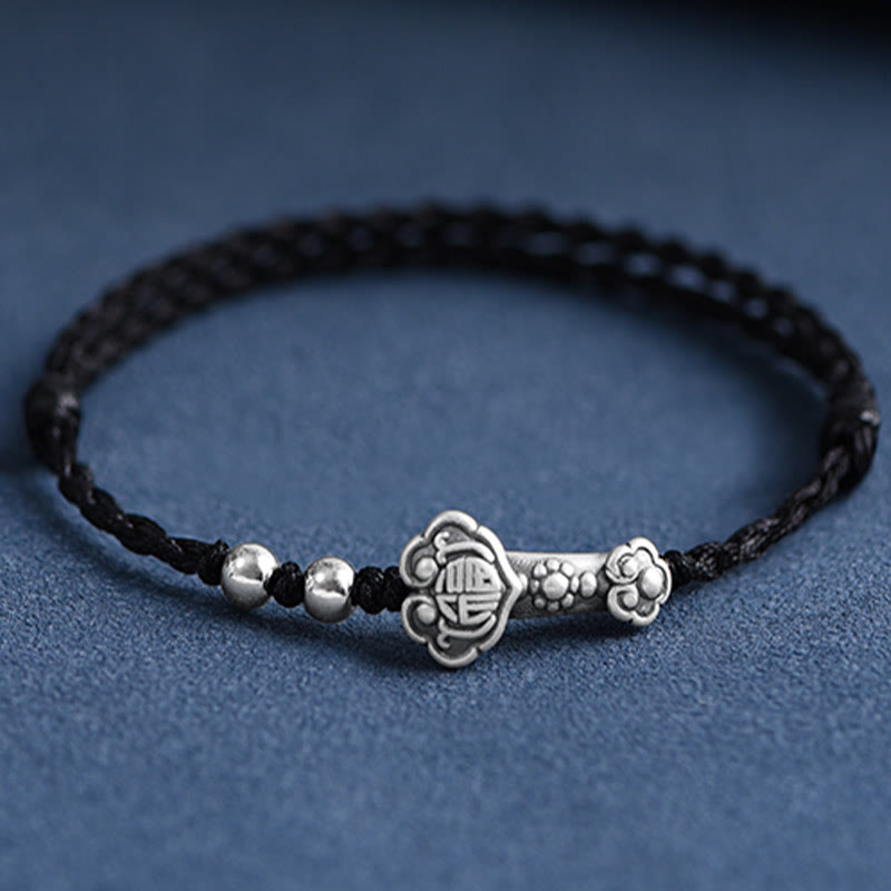 Buddhist Blessing Handmade 999 Sterling Silver Fu Character Wish Ruyi Handle Fortune Rope Bracelet Anklet