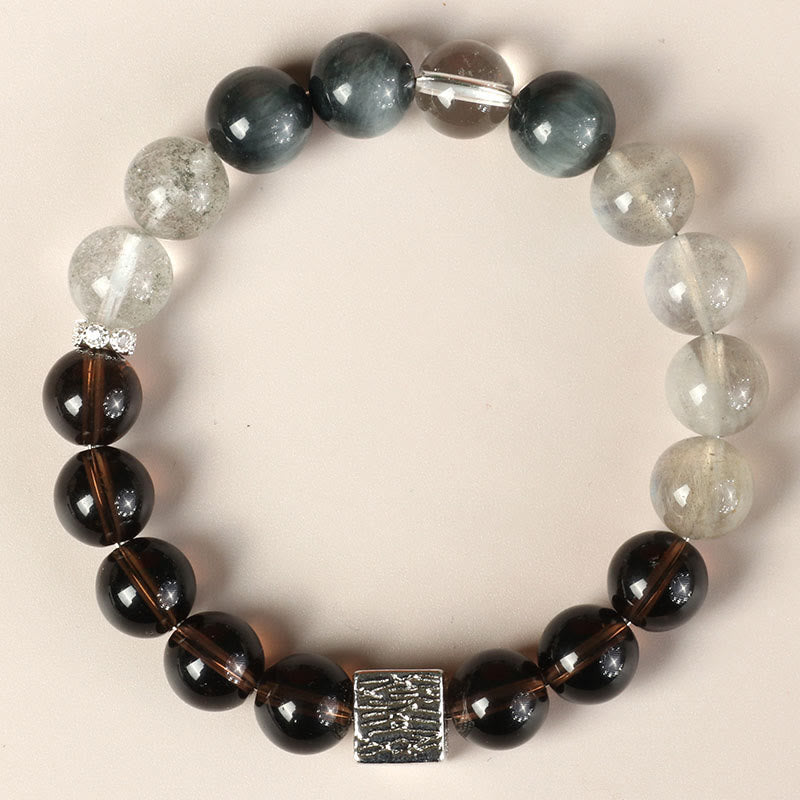 Buddhist Blessing Black Obsidian Black Rutilated Quartz Moonstone Cube Strength Bracelet