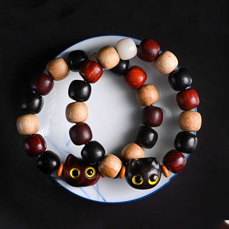 Buddhist Blessing Small Leaf Red Sandalwood Ebony Wood Cute Cat Engraved Protection Bracelet
