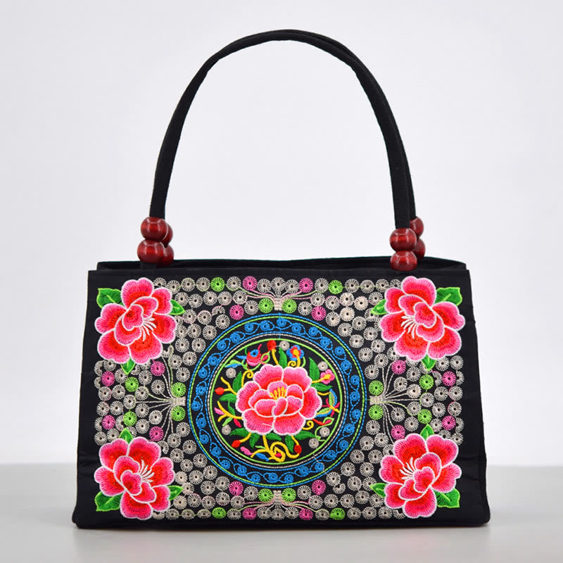 Buddhist Blessing Galsang Inula Flower Peony Peacock Double-Sided Embroidery Canvas Shopping Purse Handbag