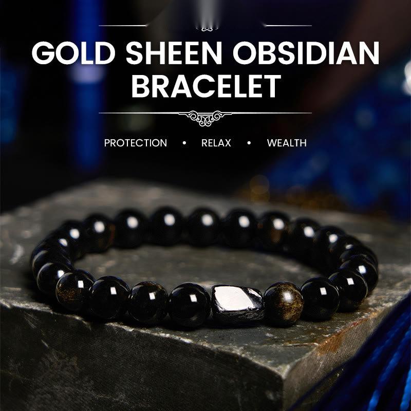 Buddhist Blessing Gold Sheen Obsidian Black Tourmaline Wealth Bracelet