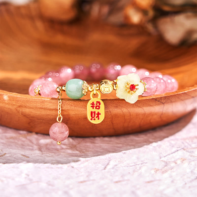 Buddhist Blessing Natural Strawberry Quartz Blossom Fu Character Positivity Healing Bracelet