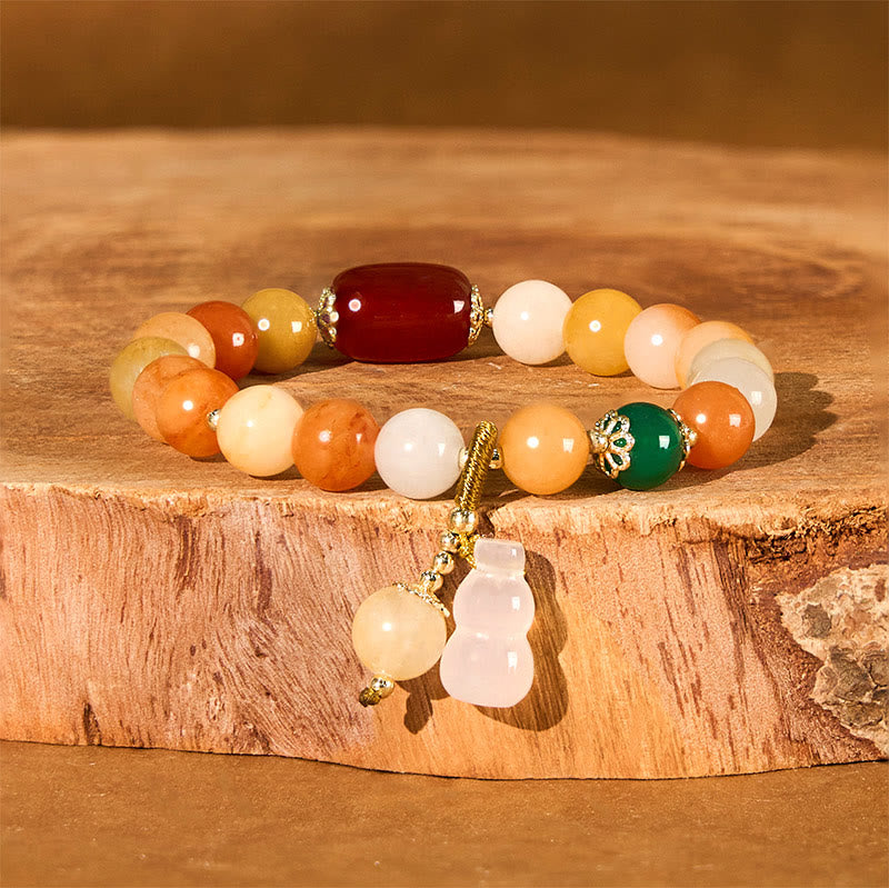 Buddhist Blessing Golden Silk Jade Beads Gourd Wealth Luck Bracelet