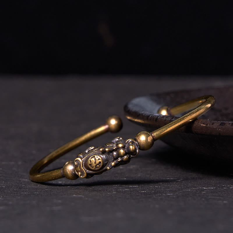 Buddhist Blessing Pi Xiu Carrying Compass Fu Character Copper Brass Luck Wealth Bracelet Bangle