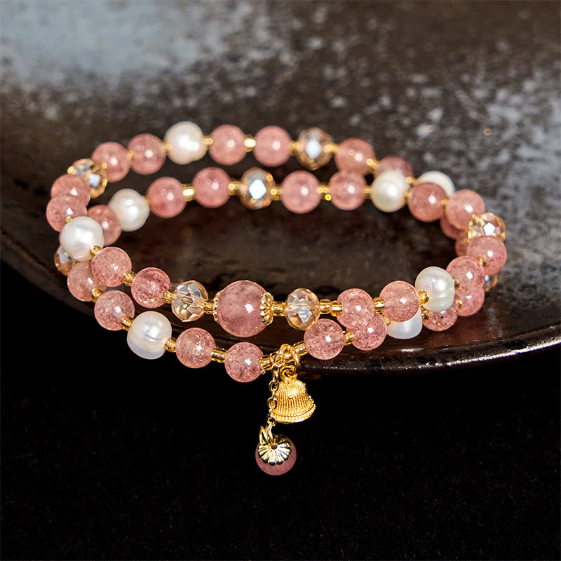 Buddhist Blessing Natural Strawberry Quartz Pearl Bell Healing Double Wrap Bracelet