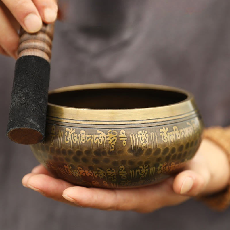 Buddhist Blessing Handmade Singing Bowl Scripture Sanskrit Pattern for Healing and Meditation Sound Bowl Set