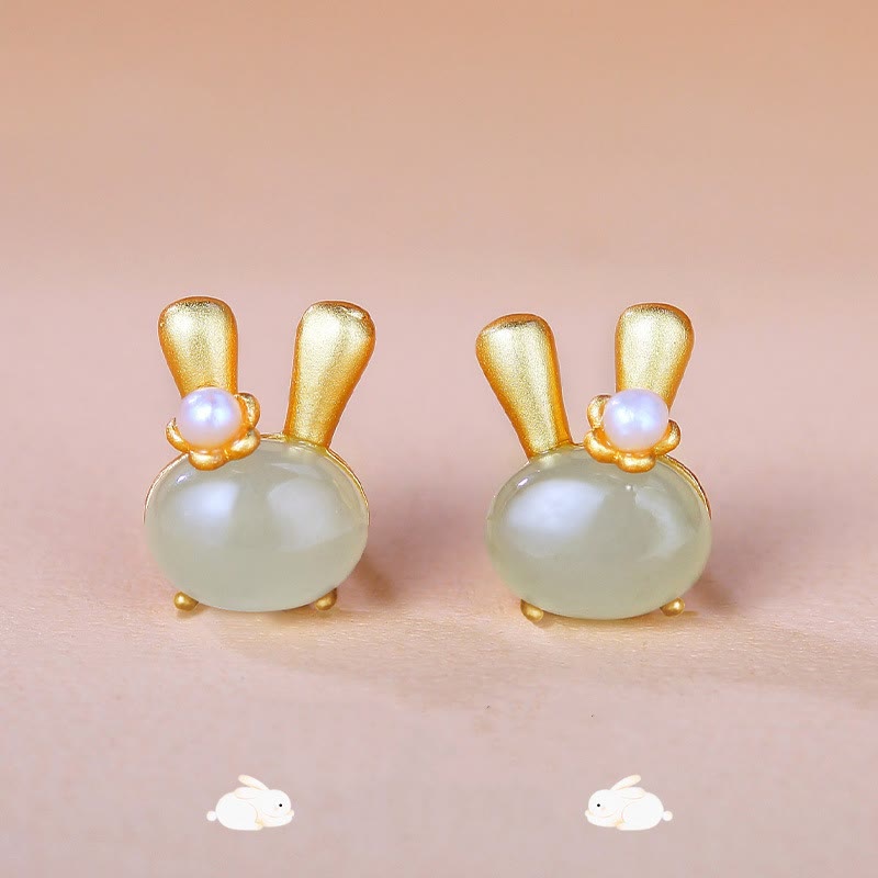 Buddhist Blessing 925 Sterling Silver Natural Hetian Jade Cute Rabbit Pearl Abundance Earrings