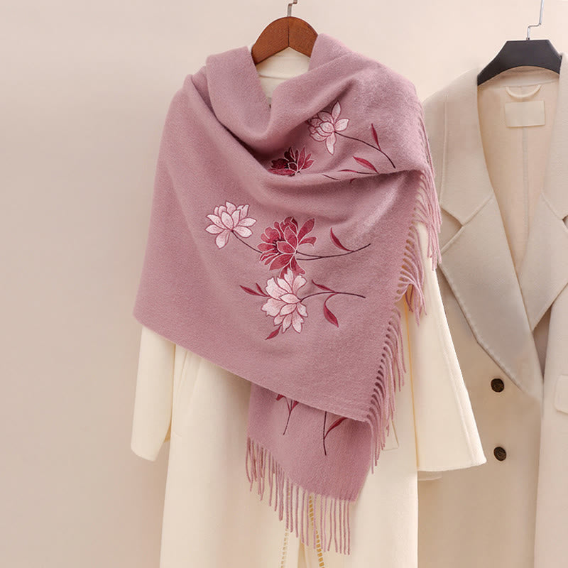 Buddhist Blessing Wool Shawl Pink Lotus Embroidery Tassel Winter Cozy Travel Scarf Wrap