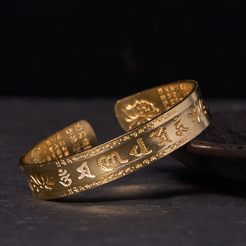Buddhist Blessing Six True Words 'om Mani Padme Hum' Heart Sutra Lotus Copper Brass Peace Cuff Bracelet Bangle