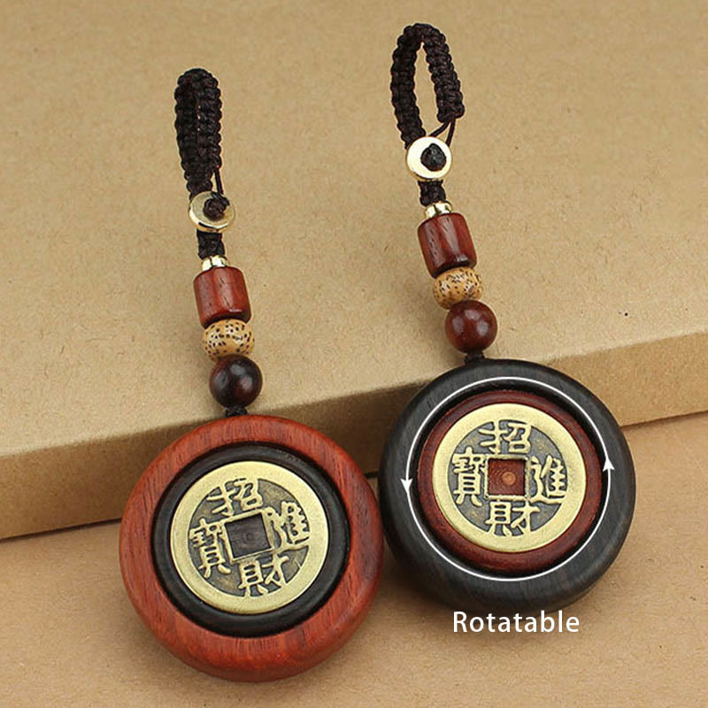 Buddhist Blessing Copper Coin Attract Wealth Ebony Wood Red Sandalwood Luck Key Chain Decoration