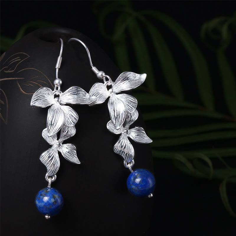 Buddhist Blessing 925 Sterling Silver Lazurite Ethnic Style Flower Positive Drop Earrings