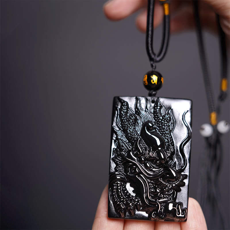 Buddhist Blessing Natural Black Obsidian Rectangular Dragon Engraved Success Necklace Pendant