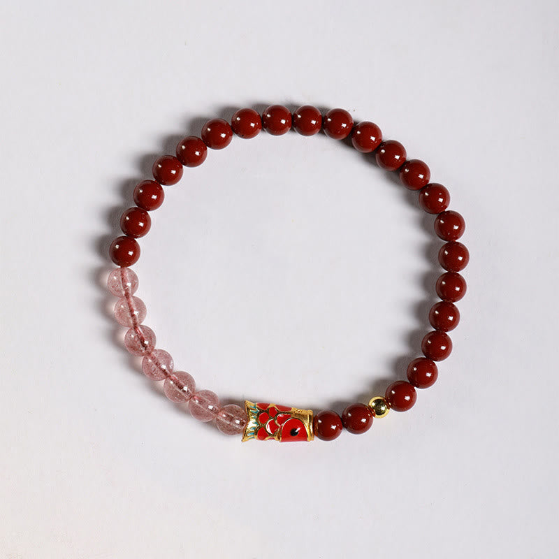 Buddhist Blessing Natural Cinnabar Pink Crystal Strawberry Quartz Lucky Koi Fish Blessing Bracelet