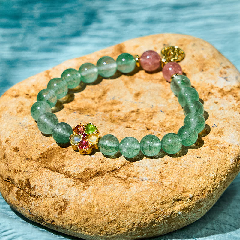 Buddhist Blessing Natural Green Strawberry Quartz Soothing Fu Character Bracelet