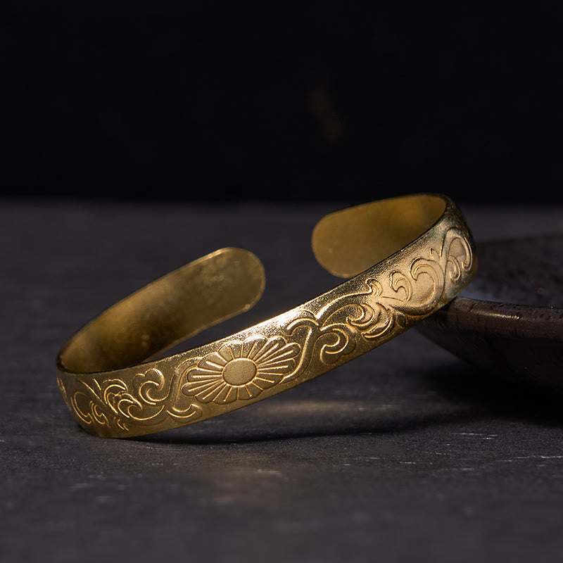 Buddhist Blessing Daisy Flower Vine Copper Brass Luck Self Care Cuff Bracelet Bangle