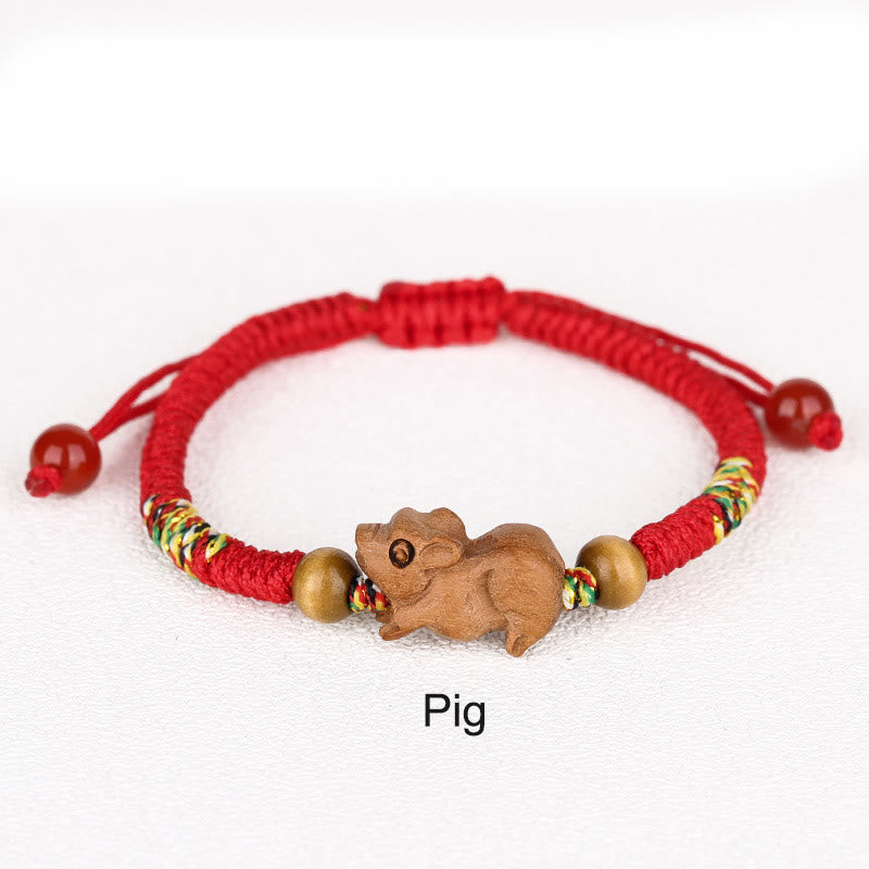 Buddhist Blessing Handmade Chinese Zodiac Red String Peach Wood Luck Bracelet