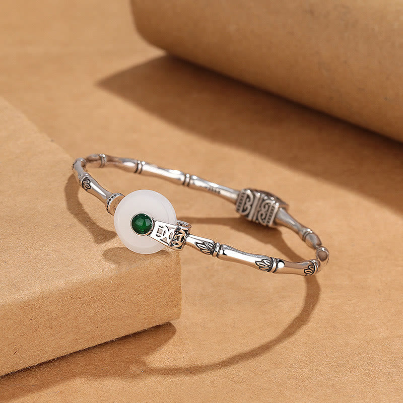 Buddhist Blessing White Jade Peace Buckle Bamboo Design Luck Copper Cuff Bracelet Bangle