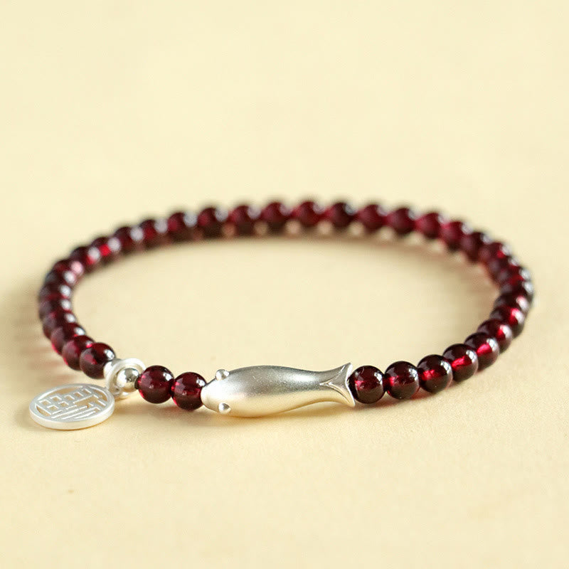 Buddhist Blessing Garnet 925 Sterling Silver Fish Fu Character Purification Bracelet
