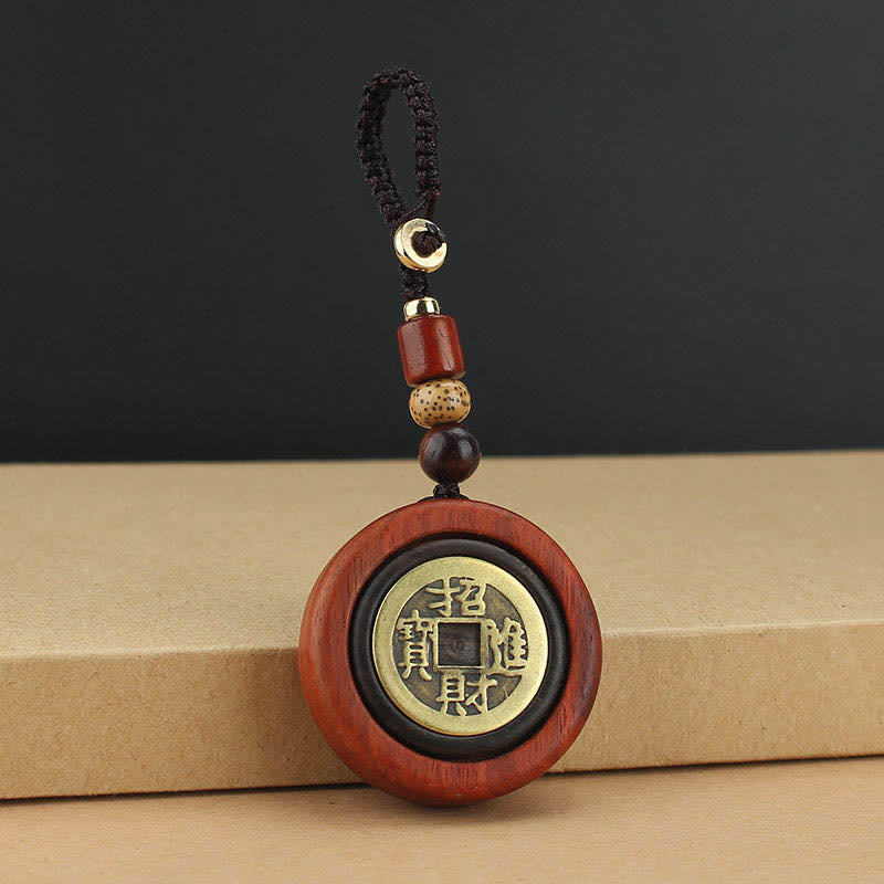 Buddhist Blessing Copper Coin Attract Wealth Ebony Wood Red Sandalwood Luck Key Chain Decoration