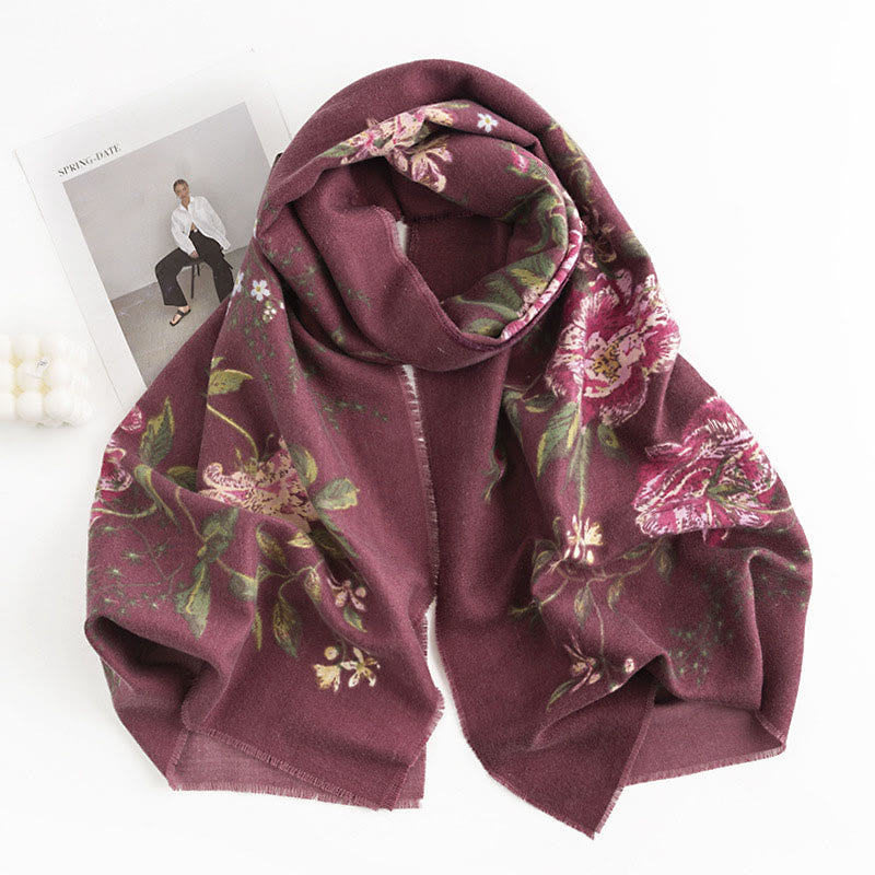 Buddhist Blessing Tibetan Multiflora Rose Print Pattern Design Shawl Fall Winter Cozy Warm Scarf Wrap