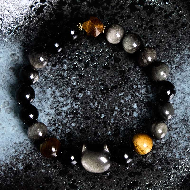 Buddhist Blessing Natural Silver Sheen Obsidian Beads Cute Cat Soothing Bracelet