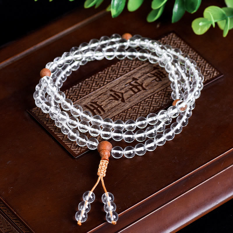 Buddhist Blessing 108 Mala Beads Natural Stone White Crystal Sandalwood Healing Bracelet