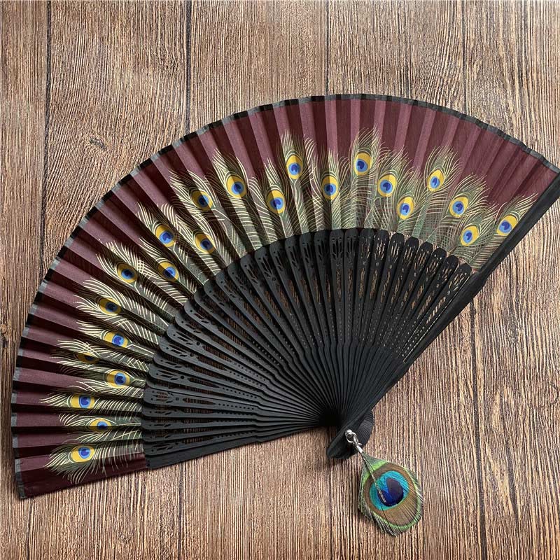 Buddhist Blessing Peacock Feather Handheld Bamboo Folding Fan 21.5cm