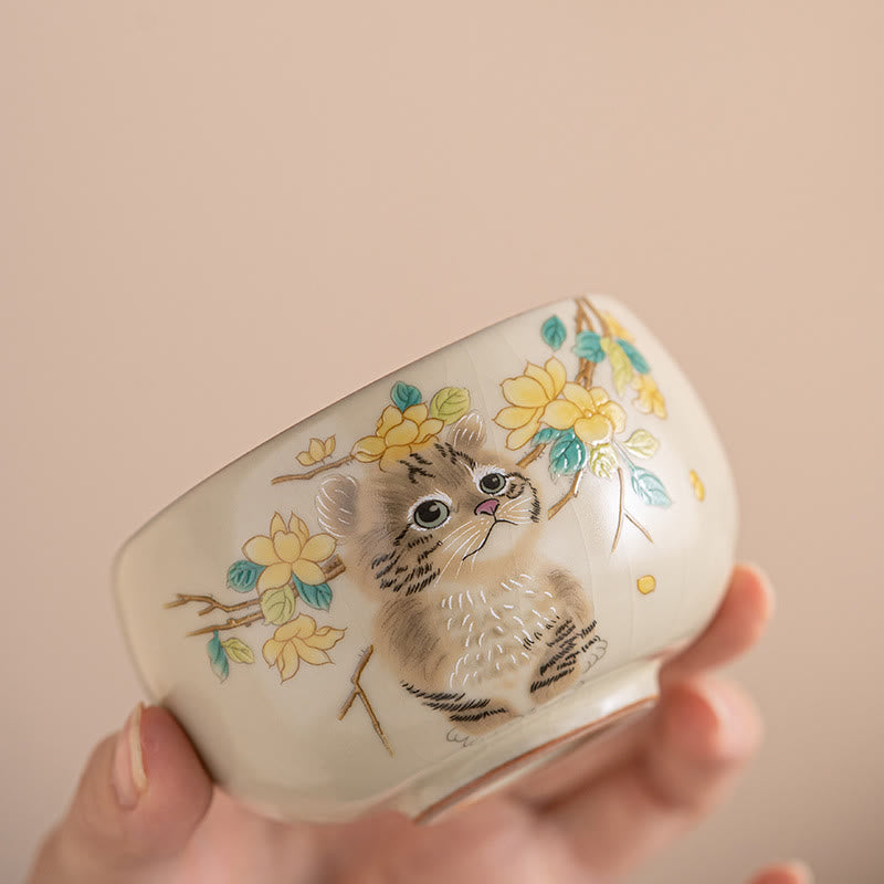 Buddhist Blessing Cute Cat Yellow Flowers Rabbit Teacup Kung Fu Tea Cup