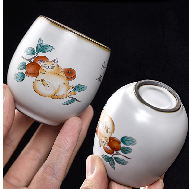 Buddhist Blessing Cute Lying Cat Branches Teacup Kung Fu Tea Cup With Gift Box