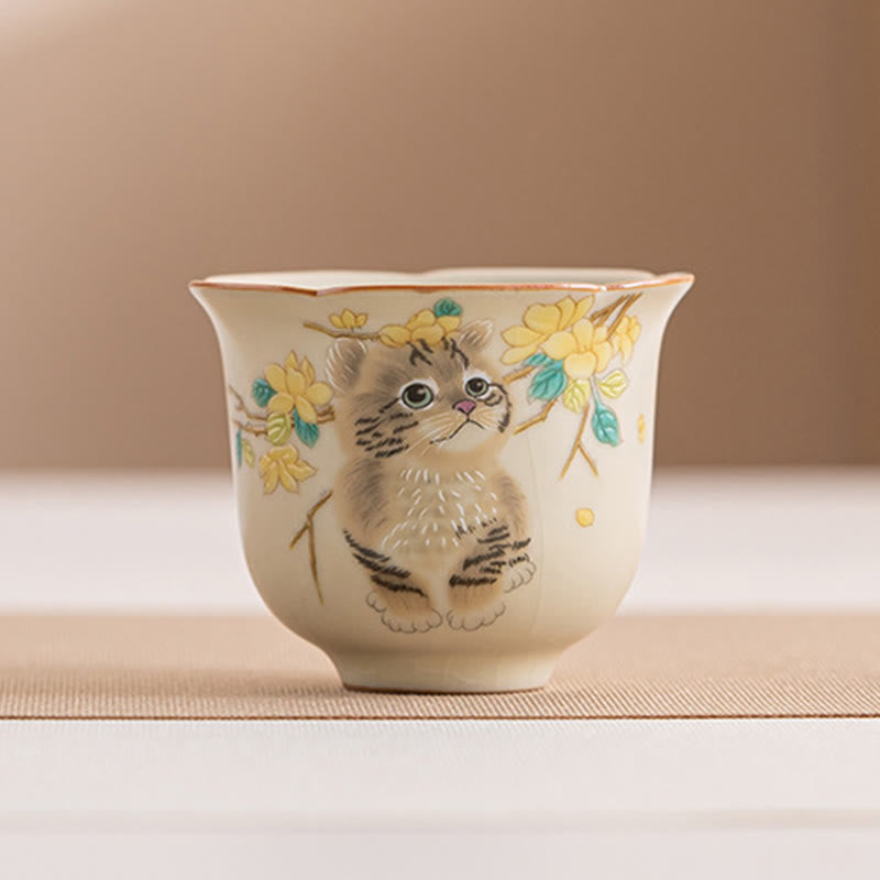 Buddhist Blessing Cute Cat Yellow Flowers Rabbit Teacup Kung Fu Tea Cup