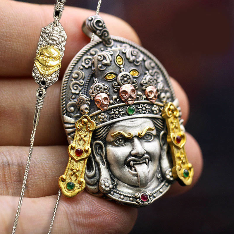 Buddhist Blessing 925 Sterling Silver Tibetan Zakiram Goddess of Wealth Keep Away Evil Spirits Necklace Pendant