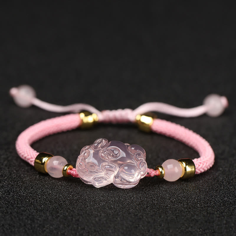 Buddhist Blessing PiXiu Pink Crystal Wealth String Braided Bracelet